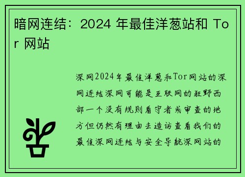 暗网连结：2024 年最佳洋葱站和 Tor 网站