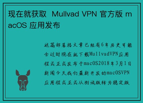 现在就获取  Mullvad VPN 官方版 macOS 应用发布 
